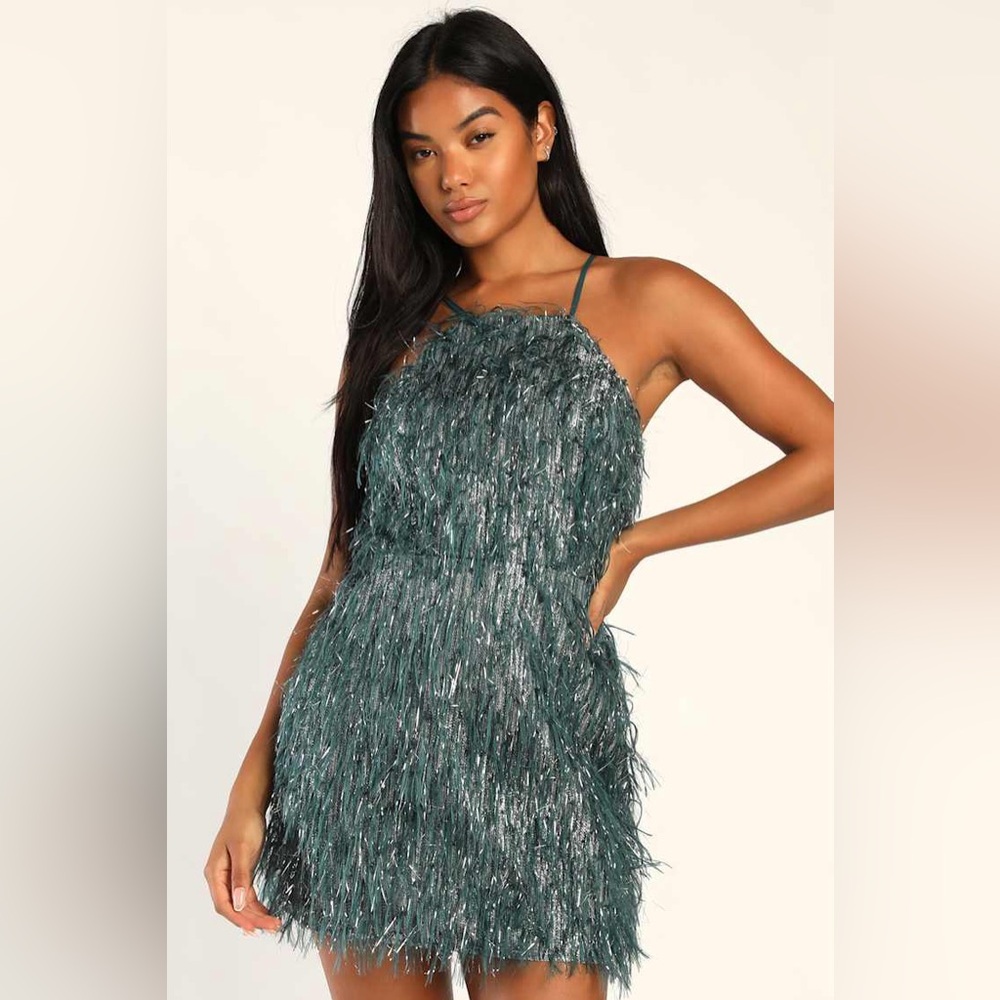 Lulus Here For The Vibe Teal and Silver Lurex Mini Dress